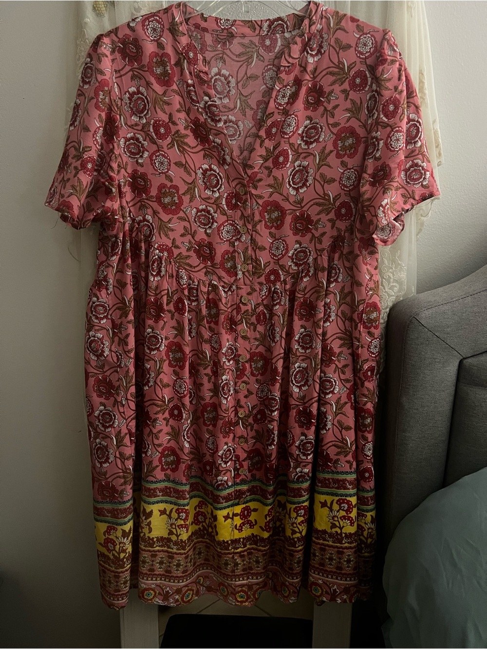 Cupshe Pink Floral Button-Front Midi Dress with Yellow Hem
